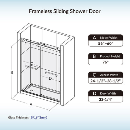 WOODBRIDGE Frameless Shower Doors 56-60" Width x 76" Height with 5/16"(8mm) Clear Tempered Glass, Double Sliding with Side Seal Strips