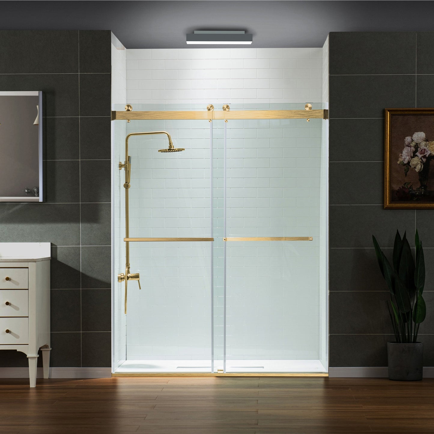 WOODBRIDGE Frameless Shower Doors 56-60" Width x 76" Height with 5/16"(8mm) Clear Tempered Glass, Double Sliding with Side Seal Strips