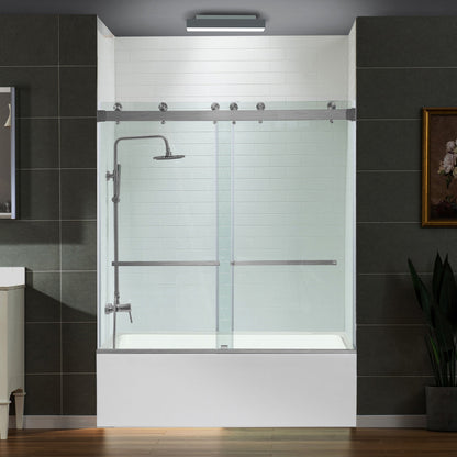 WOODBRIDGE Frameless Bathtub Shower Doors 56-60" Width x 66" Height with 5/16"(8mm) Clear Tempered Glass, Double Sliding with Side Seal Strips