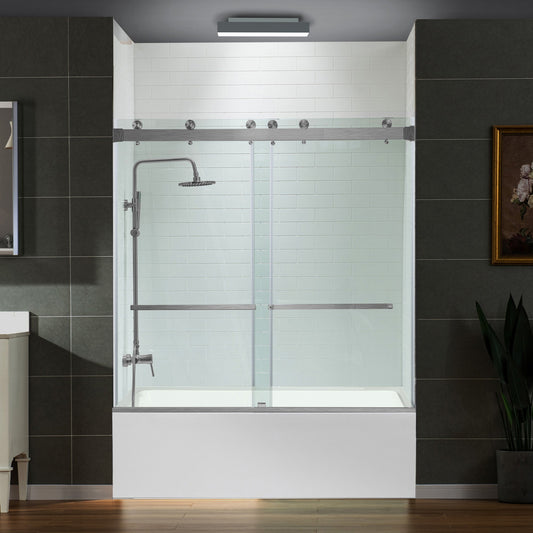 WOODBRIDGE Frameless Bathtub Shower Doors 56-60" Width x 66" Height with 5/16"(8mm) Clear Tempered Glass, Double Sliding with Side Seal Strips