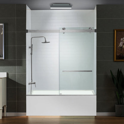 WOODBRIDGE Frameless Bathtub Shower Doors 56-60" Width x 66" Height with 5/16"(8mm) Clear Tempered Glass, Double Sliding with Side Seal Strips