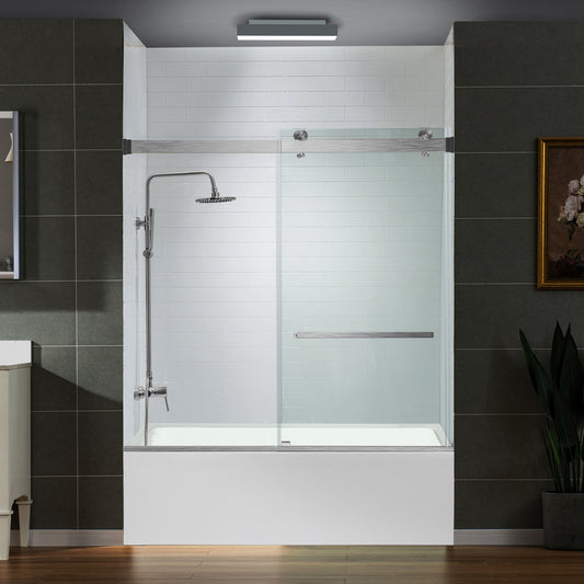 WOODBRIDGE Frameless Bathtub Shower Doors 56-60" Width x 66" Height with 5/16"(8mm) Clear Tempered Glass, Double Sliding with Side Seal Strips