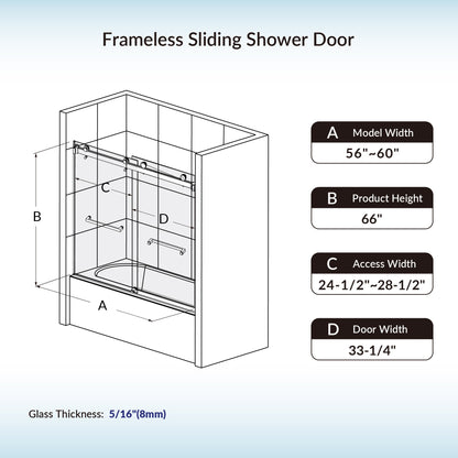 WOODBRIDGE Frameless Bathtub Shower Doors 56-60" Width x 66" Height with 5/16"(8mm) Clear Tempered Glass, Double Sliding with Side Seal Strips