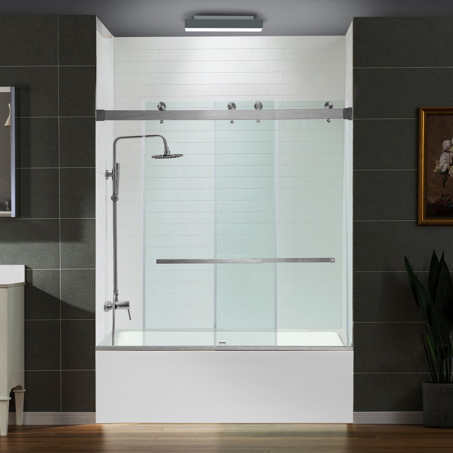 WOODBRIDGE Frameless Bathtub Shower Doors 56-60" Width x 66" Height with 5/16"(8mm) Clear Tempered Glass, Double Sliding with Side Seal Strips