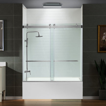 WOODBRIDGE Frameless Bathtub Shower Doors 56-60" Width x 66" Height with 5/16"(8mm) Clear Tempered Glass, Double Sliding with Side Seal Strips