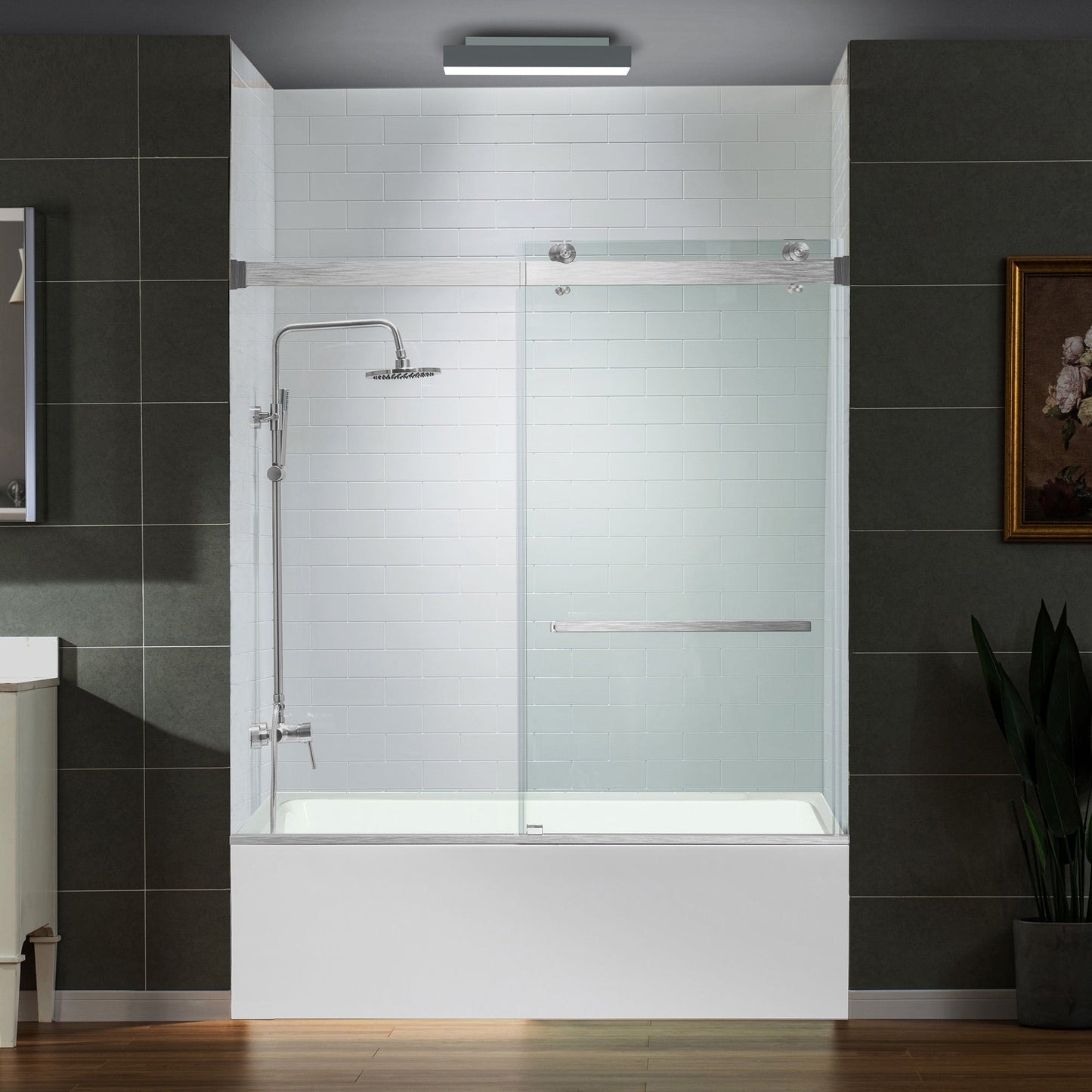 WOODBRIDGE Frameless Bathtub Shower Doors 56-60" Width x 66" Height with 5/16"(8mm) Clear Tempered Glass, Double Sliding with Side Seal Strips