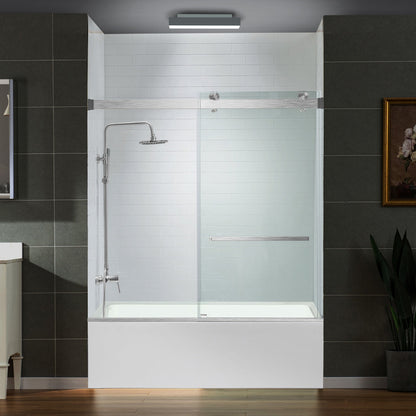WOODBRIDGE Frameless Bathtub Shower Doors 56-60" Width x 66" Height with 5/16"(8mm) Clear Tempered Glass, Double Sliding with Side Seal Strips