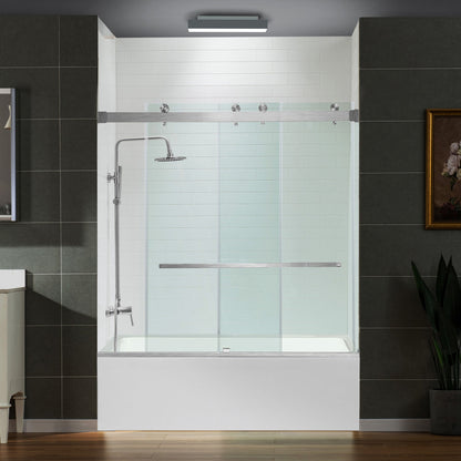 WOODBRIDGE Frameless Bathtub Shower Doors 56-60" Width x 66" Height with 5/16"(8mm) Clear Tempered Glass, Double Sliding with Side Seal Strips