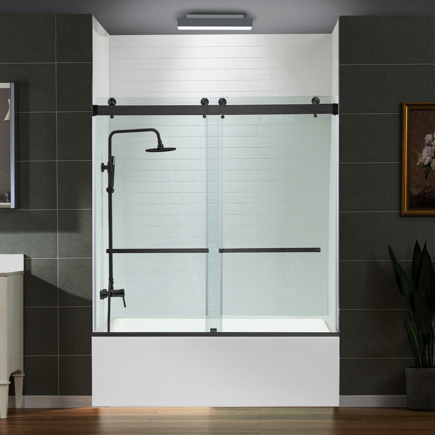 WOODBRIDGE Frameless Bathtub Shower Doors 56-60" Width x 66" Height with 5/16"(8mm) Clear Tempered Glass, Double Sliding with Side Seal Strips