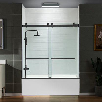 WOODBRIDGE Frameless Bathtub Shower Doors 56-60" Width x 66" Height with 5/16"(8mm) Clear Tempered Glass, Double Sliding with Side Seal Strips