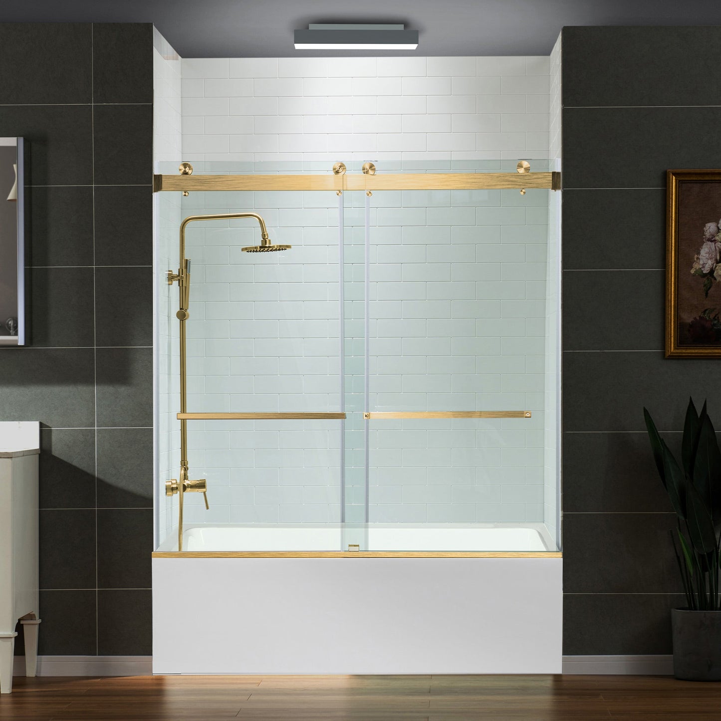 WOODBRIDGE Frameless Bathtub Shower Doors 56-60" Width x 66" Height with 5/16"(8mm) Clear Tempered Glass, Double Sliding with Side Seal Strips