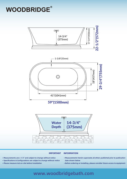 WOODBRIDGE 59 in. Freestanding Double Ended Acrylic Soaking Bathtub