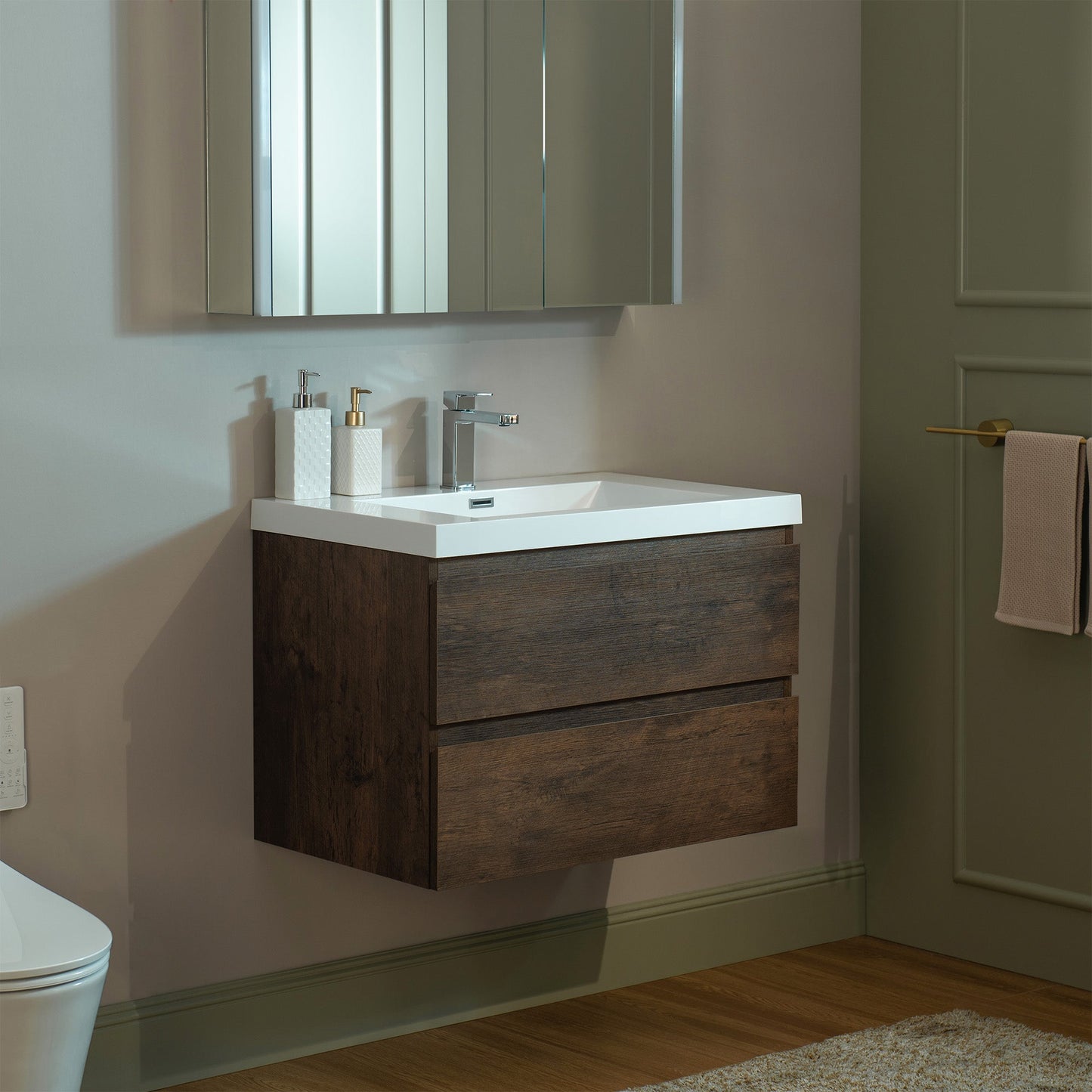 WOODBRIDGE 23-5/8 in. W x 19-5/8 in. D Wall Mounted Floating Vanity in Rose Wood with Resin Composite Vanity Top in Glossy White