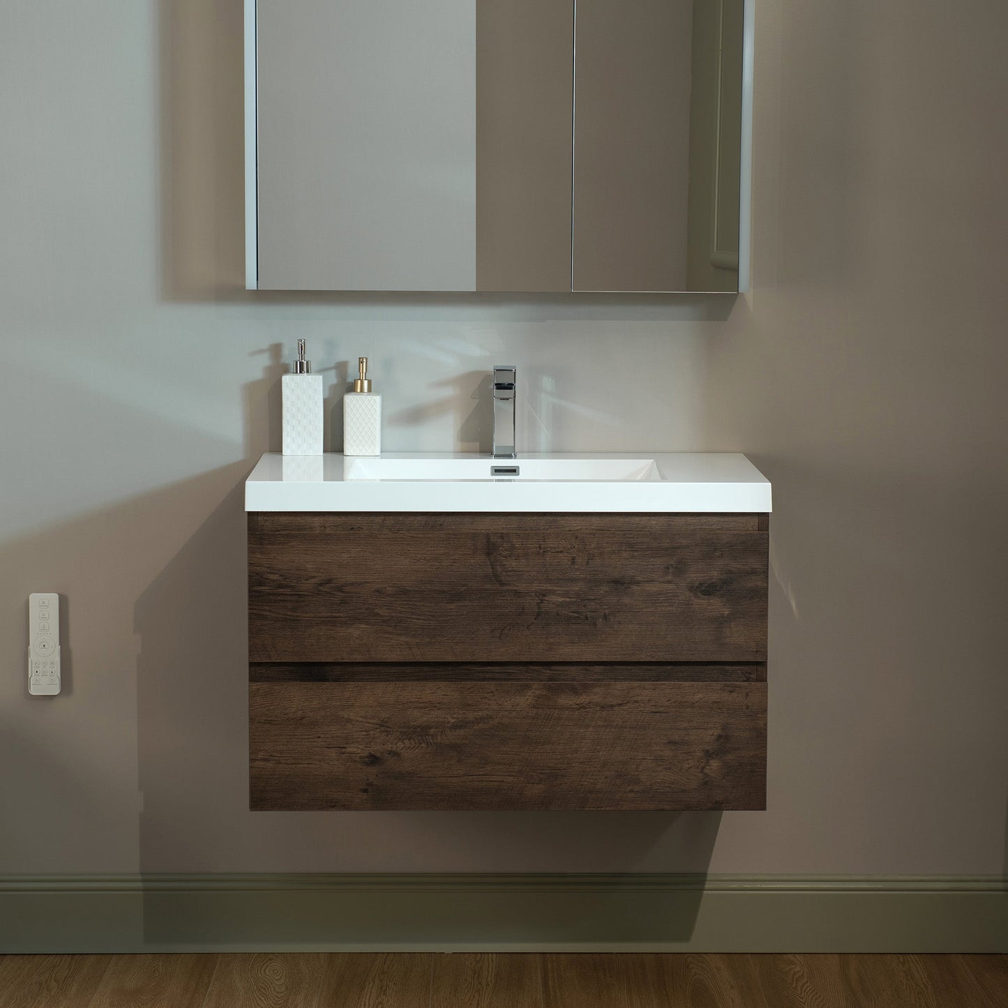WOODBRIDGE 23-5/8 in. W x 19-5/8 in. D Wall Mounted Floating Vanity in Rose Wood with Resin Composite Vanity Top in Glossy White