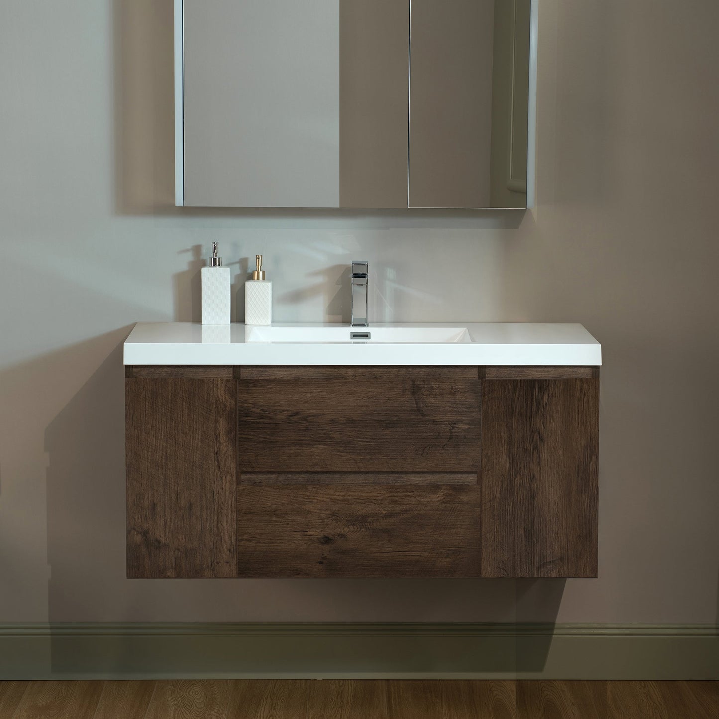 WOODBRIDGE 23-5/8 in. W x 19-5/8 in. D Wall Mounted Floating Vanity in Rose Wood with Resin Composite Vanity Top in Glossy White