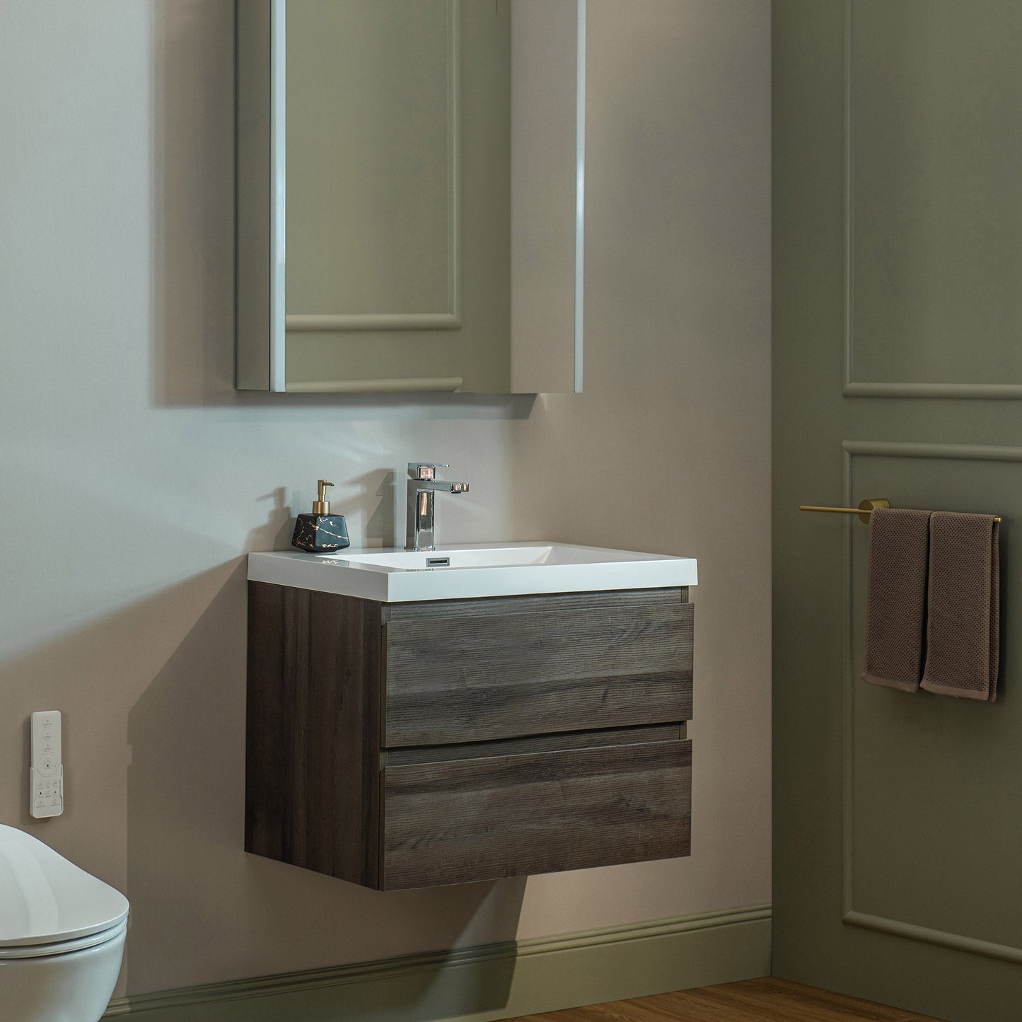 WOODBRIDGE 23-5/8 in. W x 19-5/8 in. D Wall Mounted Floating Vanity in Grey Oak with Resin Composite Vanity Top in Glossy White