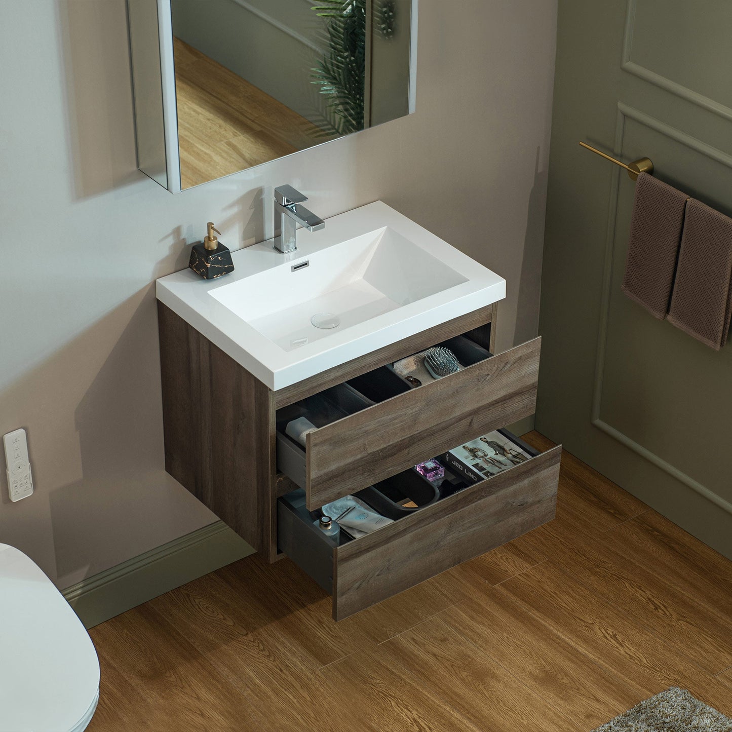 WOODBRIDGE 23-5/8 in. W x 19-5/8 in. D Wall Mounted Floating Vanity in Grey Oak with Resin Composite Vanity Top in Glossy White