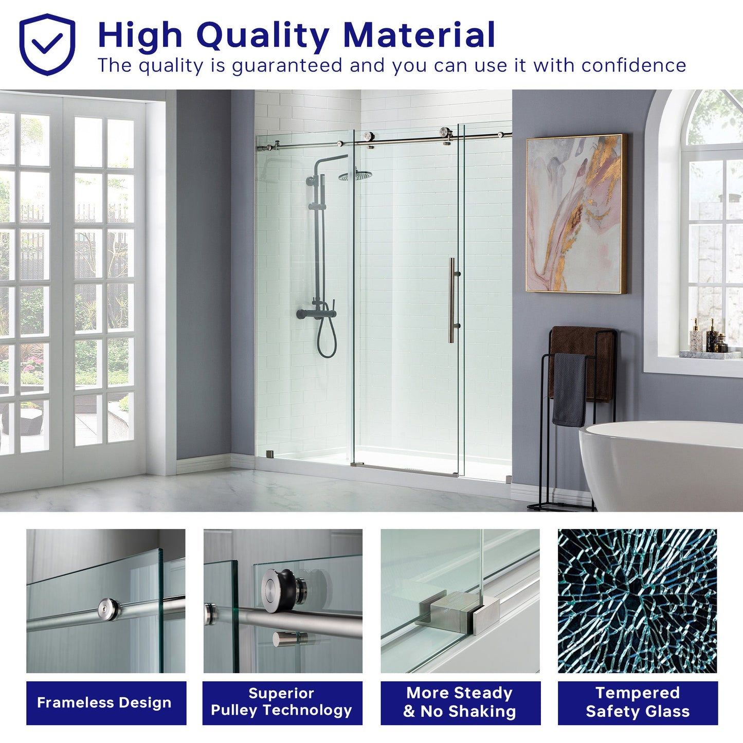 WOODBRIDGE Frameless Shower Doors 68-72" Width x 76"Height with 3/8"(10mm) Clear Tempered Glass