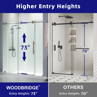 WOODBRIDGE Frameless Shower Doors 68-72" Width x 76"Height with 3/8"(10mm) Clear Tempered Glass