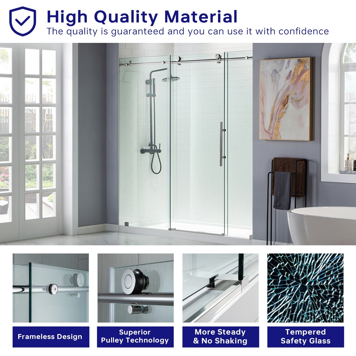 WOODBRIDGE Frameless Shower Doors 68-72" Width x 76"Height with 3/8"(10mm) Clear Tempered Glass
