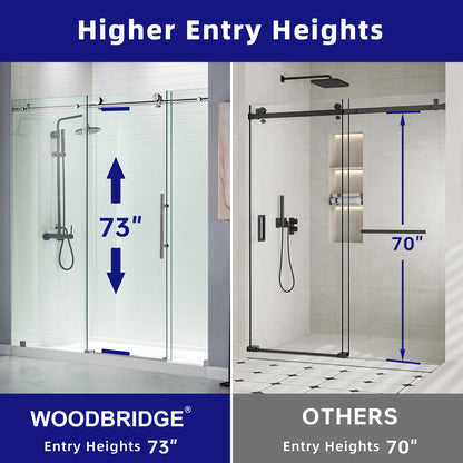 WOODBRIDGE Frameless Shower Doors 68-72" Width x 76"Height with 3/8"(10mm) Clear Tempered Glass