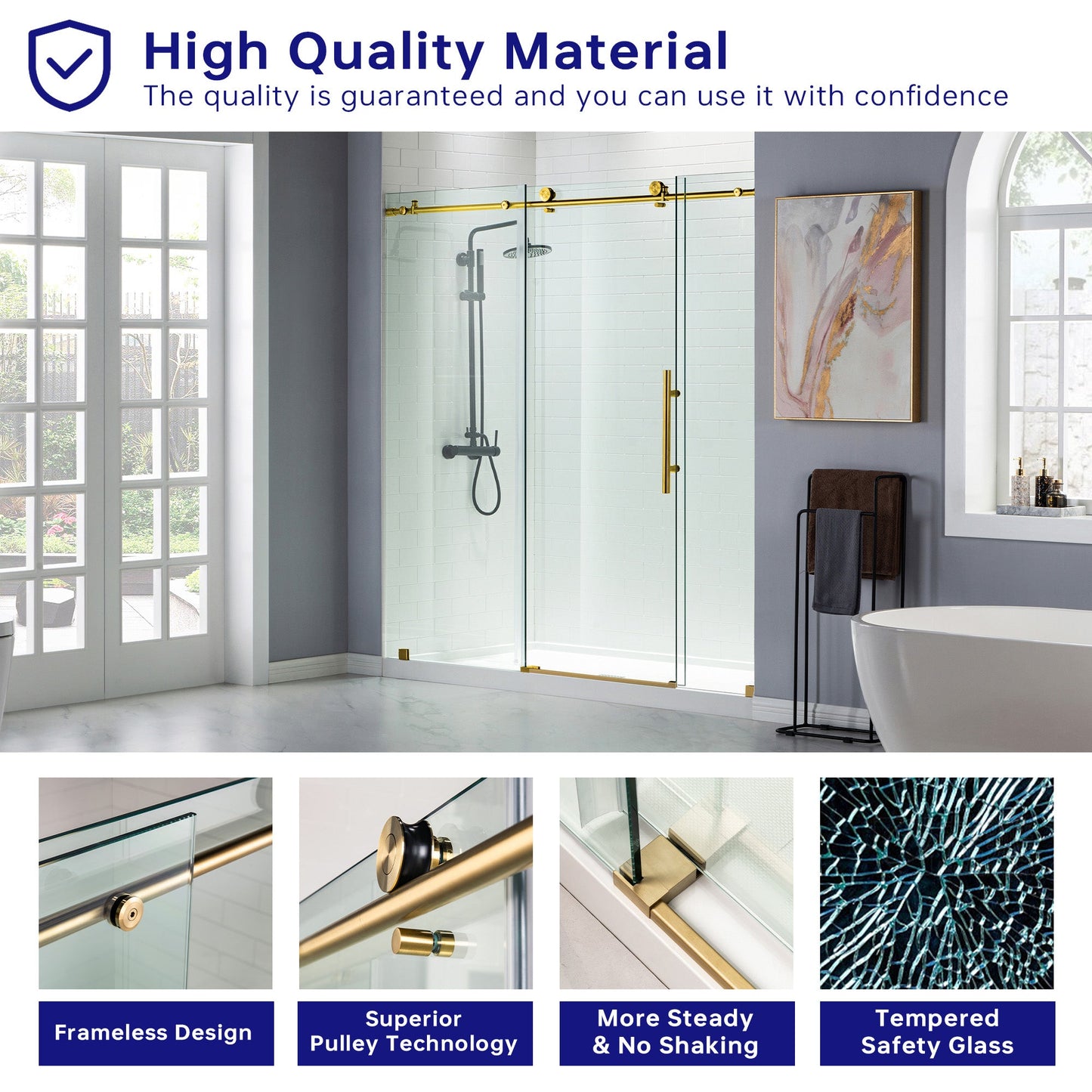WOODBRIDGE Frameless Shower Doors 68-72" Width x 76"Height with 3/8"(10mm) Clear Tempered Glass
