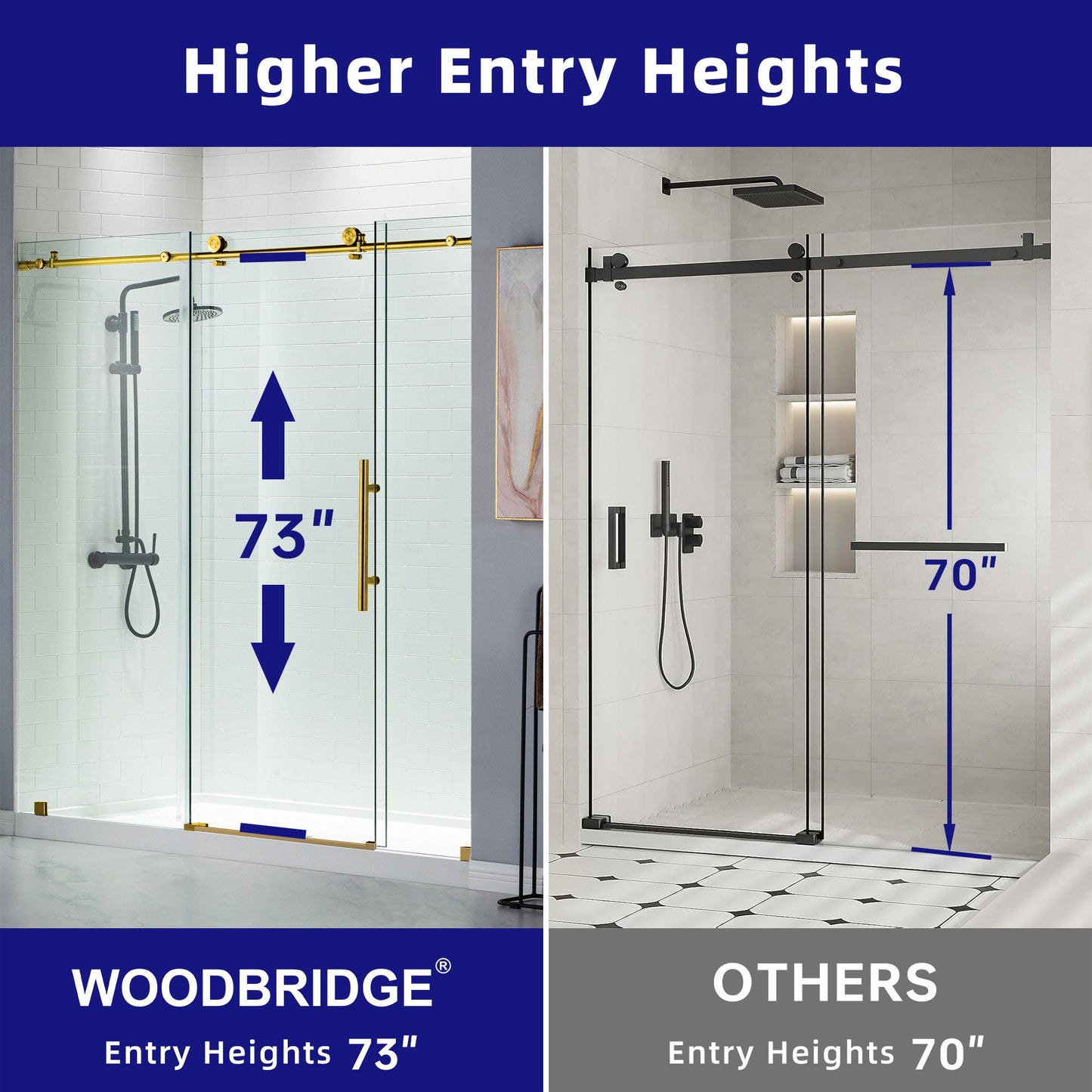 WOODBRIDGE Frameless Shower Doors 68-72" Width x 76"Height with 3/8"(10mm) Clear Tempered Glass