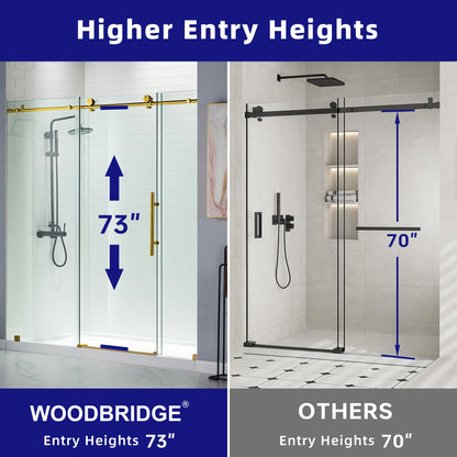 WOODBRIDGE Frameless Shower Doors 68-72" Width x 76"Height with 3/8"(10mm) Clear Tempered Glass