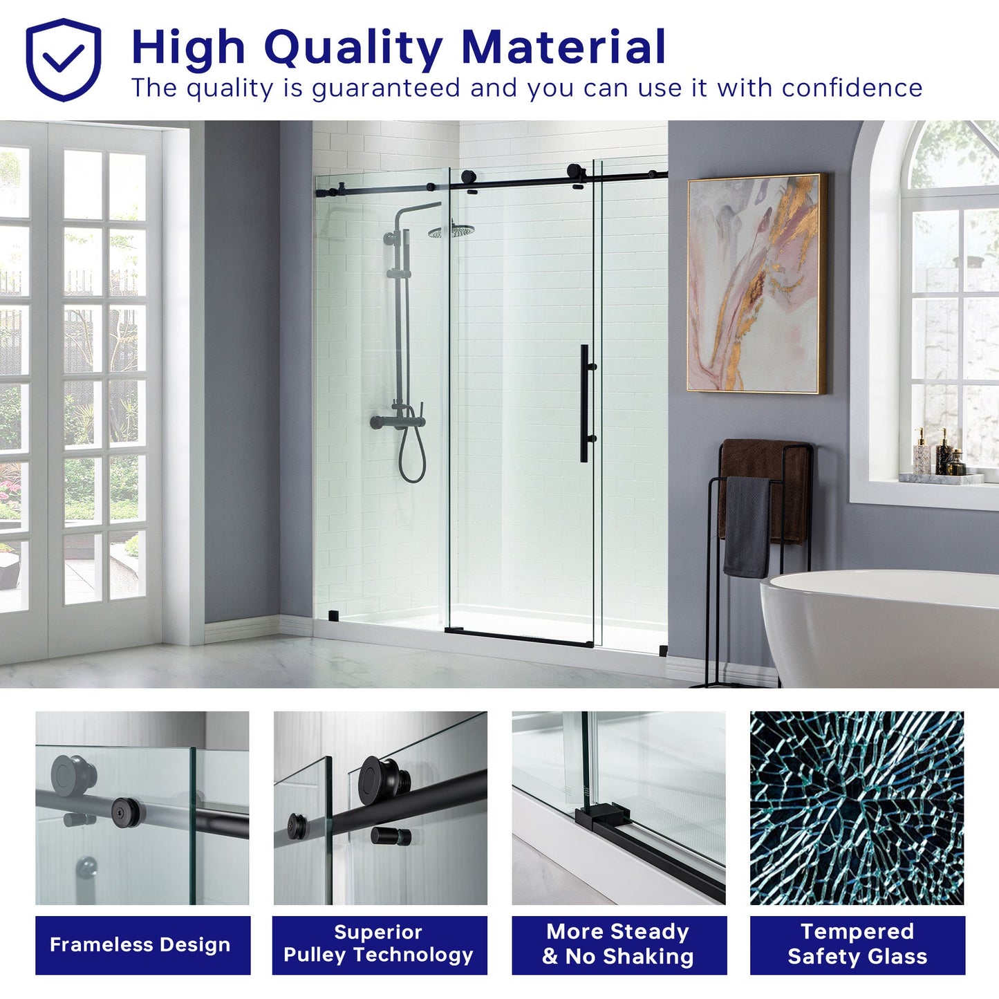 WOODBRIDGE Frameless Shower Doors 68-72" Width x 76"Height with 3/8"(10mm) Clear Tempered Glass