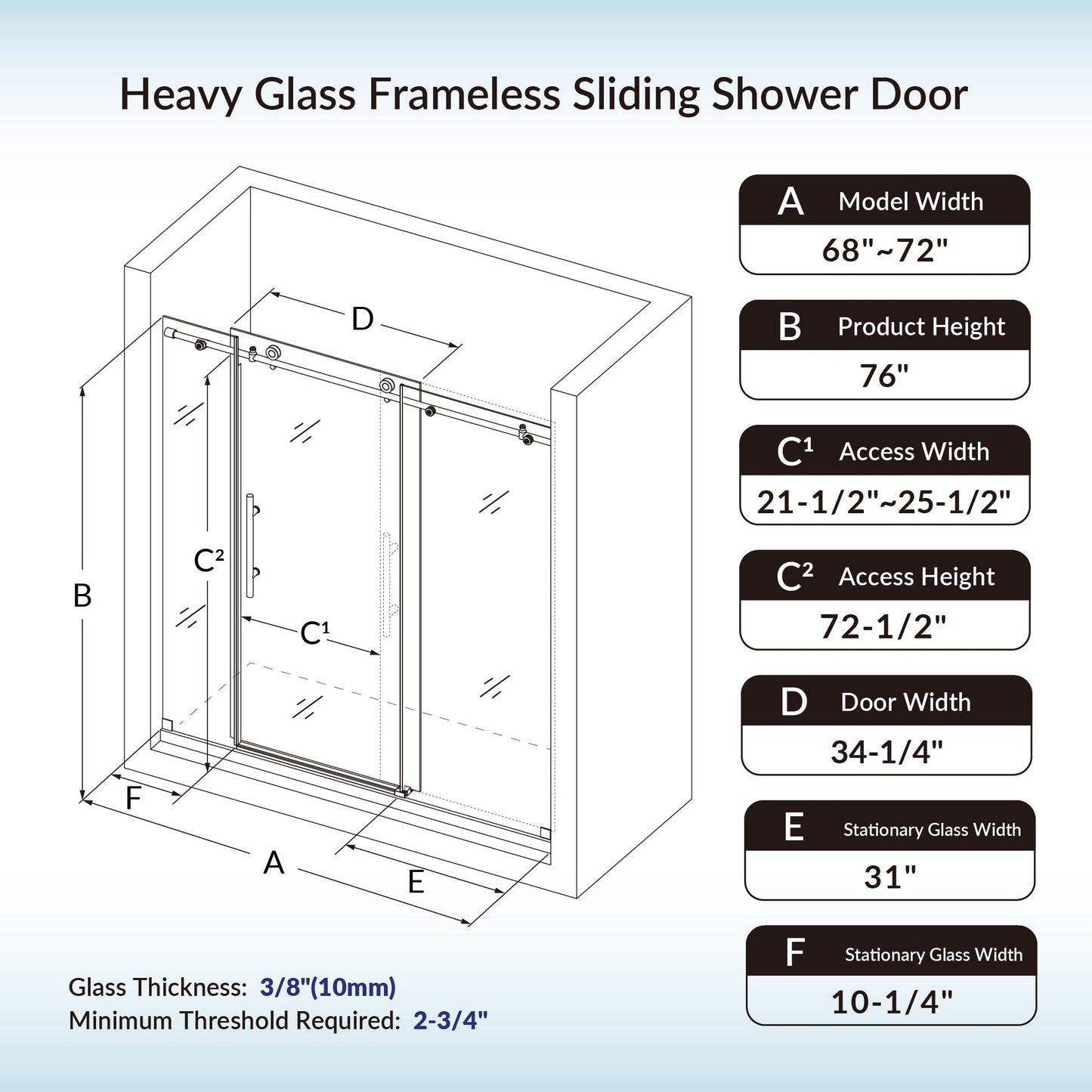 WOODBRIDGE Frameless Shower Doors 68-72" Width x 76"Height with 3/8"(10mm) Clear Tempered Glass