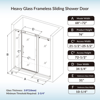 WOODBRIDGE Frameless Shower Doors 68-72" Width x 76"Height with 3/8"(10mm) Clear Tempered Glass