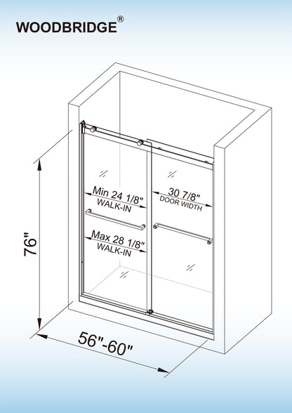 WOODBRIDGE Frameless Shower Doors 56-60" Width x 76"Height with 5/16"(8mm) Clear Tempered Glass, 2 Ways Opening & Double Sliding