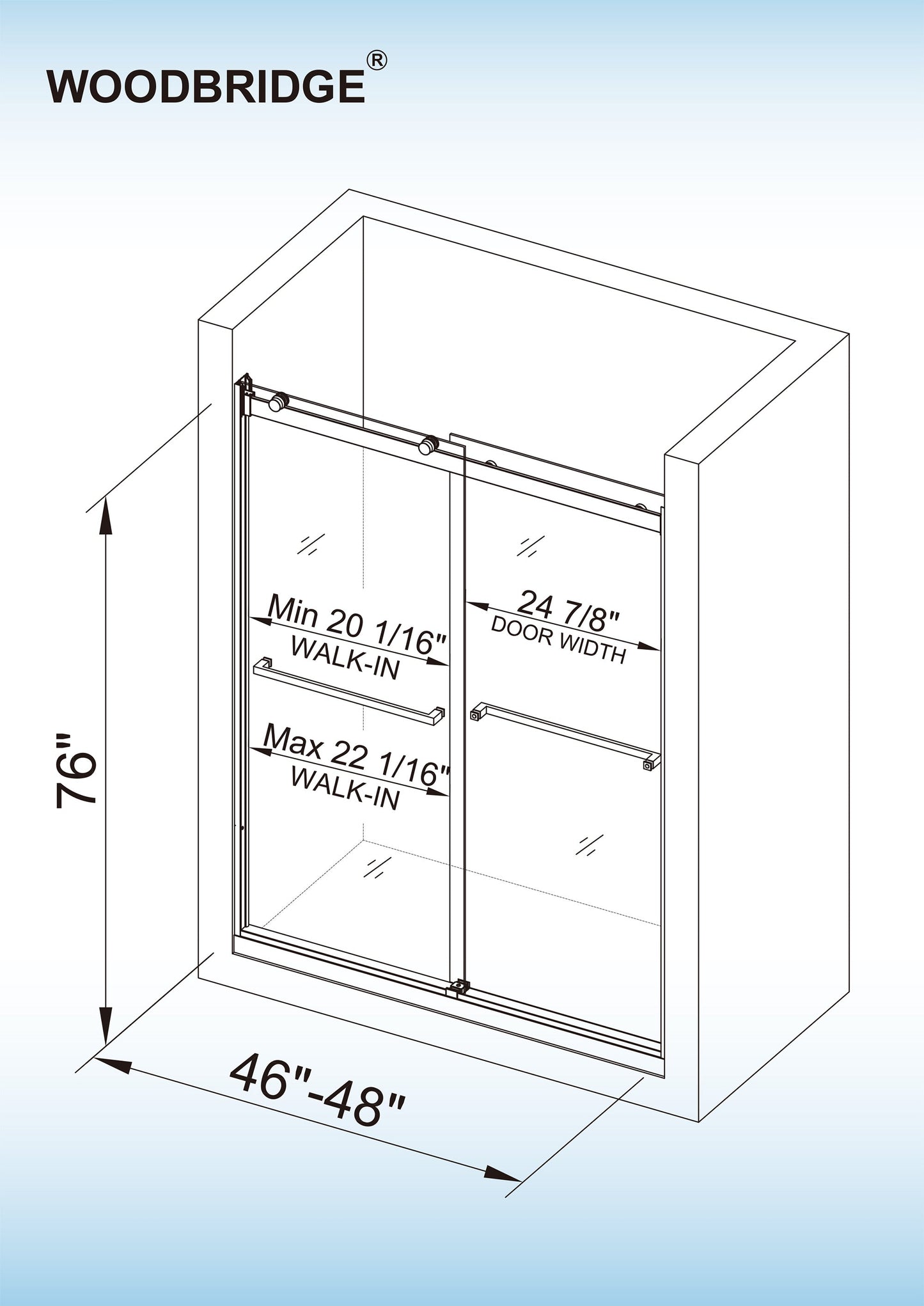 WOODBRIDGE Frameless Bathtub Shower Doors 46-48" Width x76"Height with 5/16"(8mm) Clear Tempered Glass, 2 Ways Opening & Double Sliding