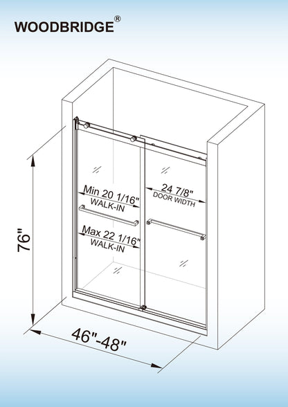 WOODBRIDGE Frameless Bathtub Shower Doors 46-48" Width x76"Height with 5/16"(8mm) Clear Tempered Glass, 2 Ways Opening & Double Sliding