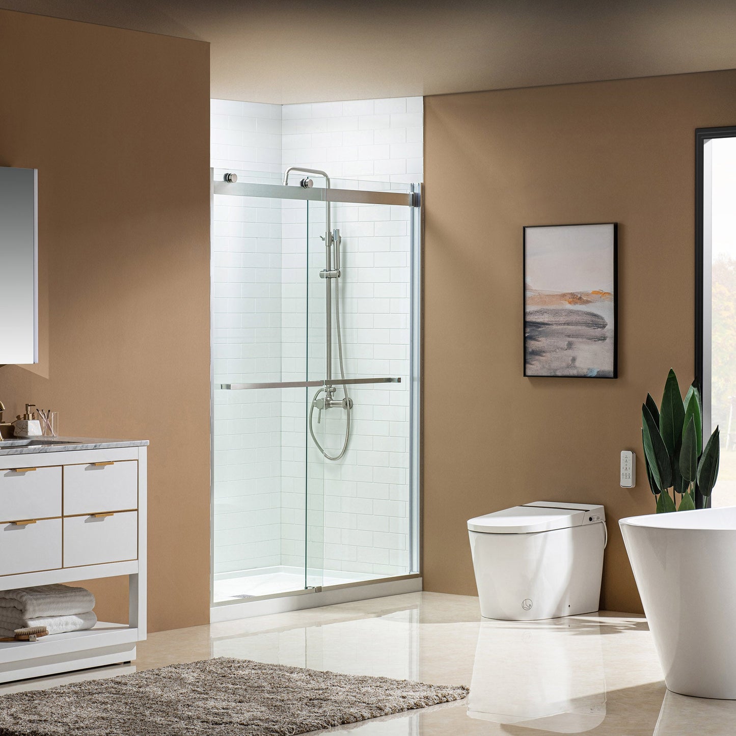 WOODBRIDGE Frameless Bathtub Shower Doors 46-48" Width x76"Height with 5/16"(8mm) Clear Tempered Glass, 2 Ways Opening & Double Sliding