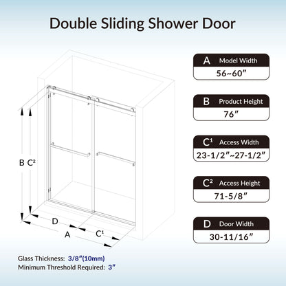 WOODBRIDGE Frameless Shower Doors 56-60" Width x 76"Height with 3/8"(10mm) Clear Tempered Glass, 2 Ways Opening & Double Sliding