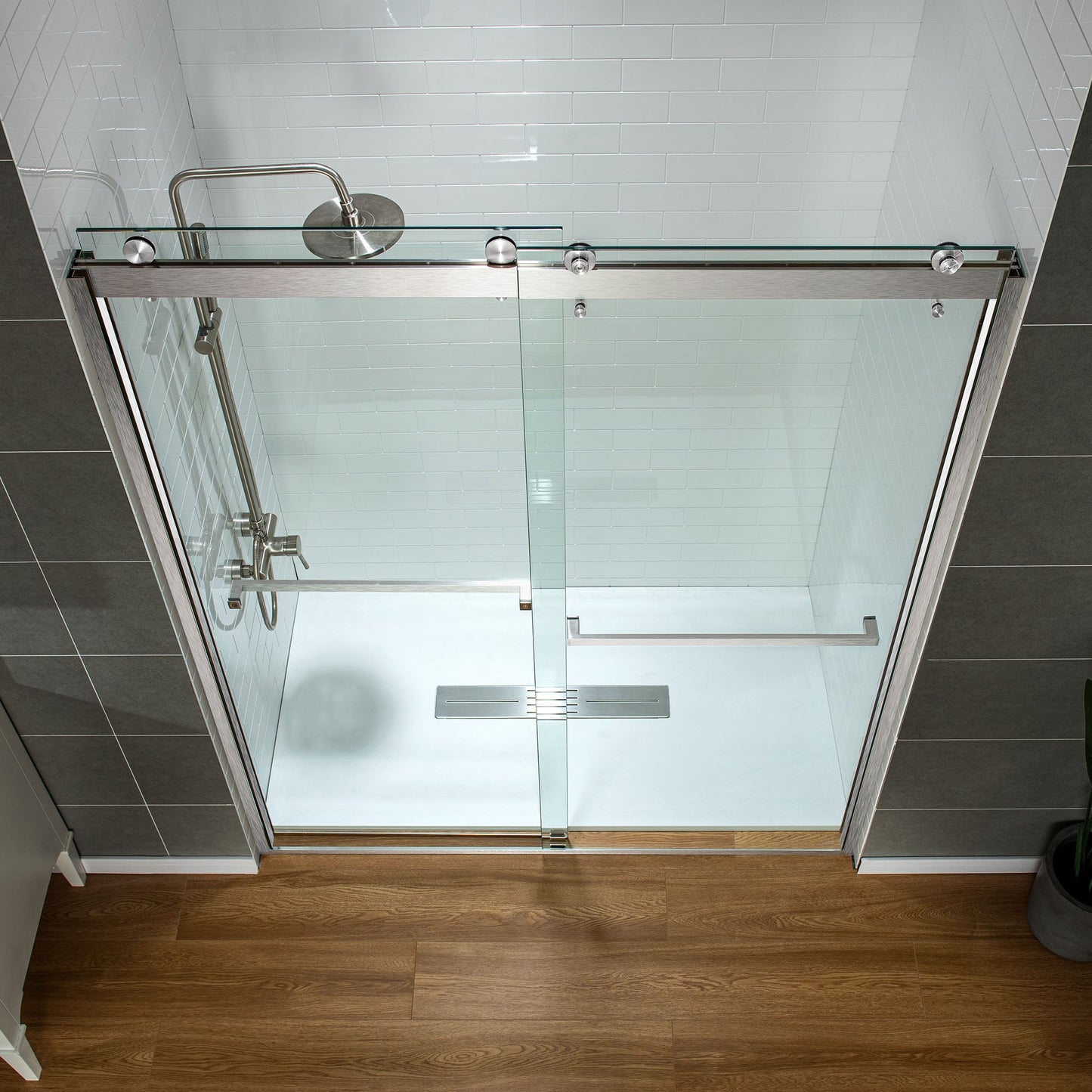 WOODBRIDGE Frameless Shower Doors 56-60" Width x 76"Height with 3/8"(10mm) Clear Tempered Glass, 2 Ways Opening & Double Sliding