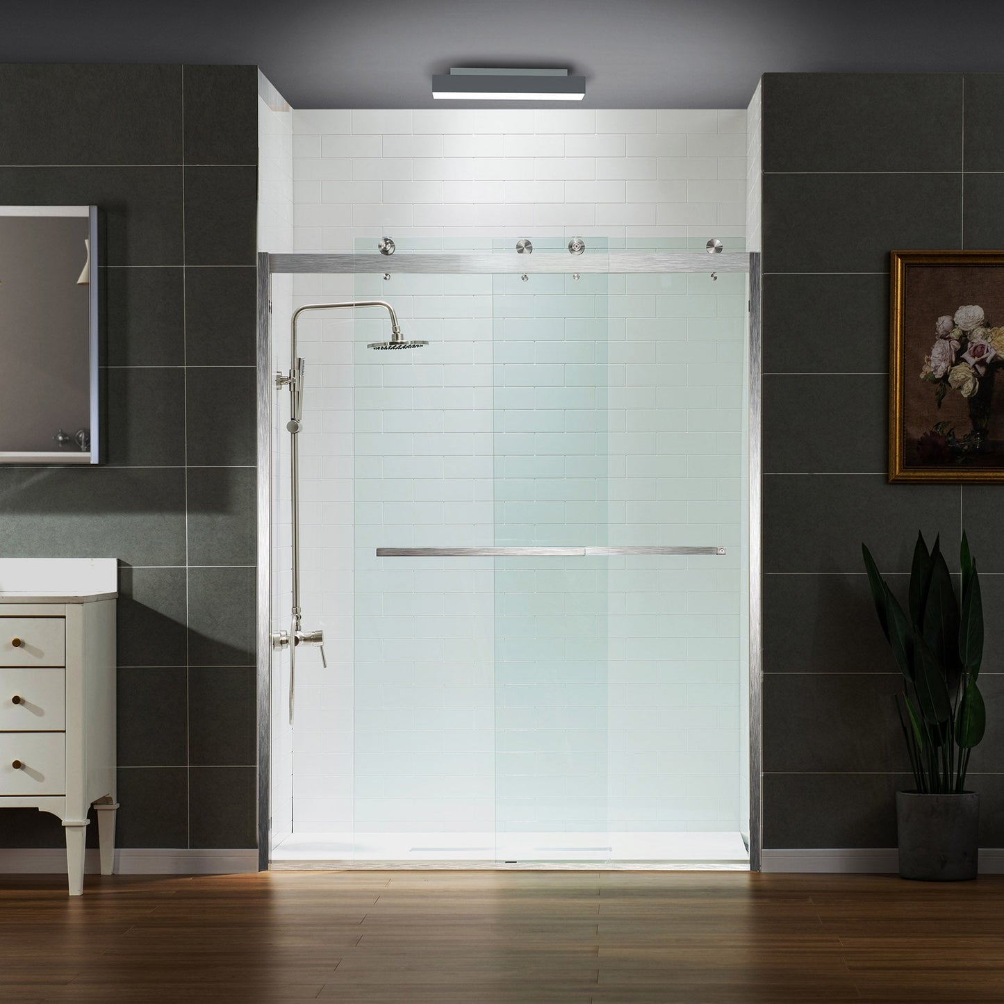 WOODBRIDGE Frameless Shower Doors 56-60" Width x 76"Height with 3/8"(10mm) Clear Tempered Glass, 2 Ways Opening & Double Sliding