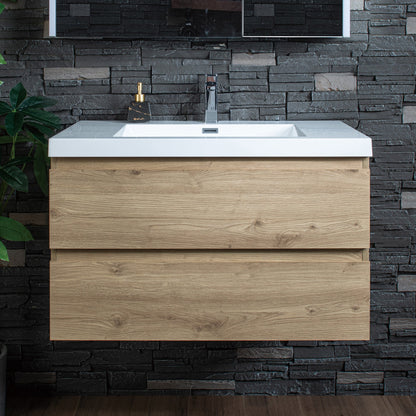 WOODBRIDGE 23-5/8 in. W x 19-5/8 in. D Wall Mounted Floating Vanity in Natural Oak with Resin Composite Vanity Top in Glossy White