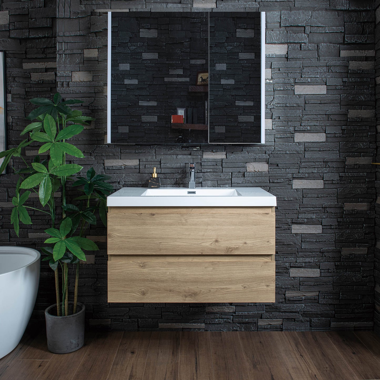 WOODBRIDGE 23-5/8 in. W x 19-5/8 in. D Wall Mounted Floating Vanity in Natural Oak with Resin Composite Vanity Top in Glossy White