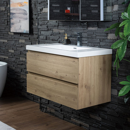 WOODBRIDGE 23-5/8 in. W x 19-5/8 in. D Wall Mounted Floating Vanity in Natural Oak with Resin Composite Vanity Top in Glossy White