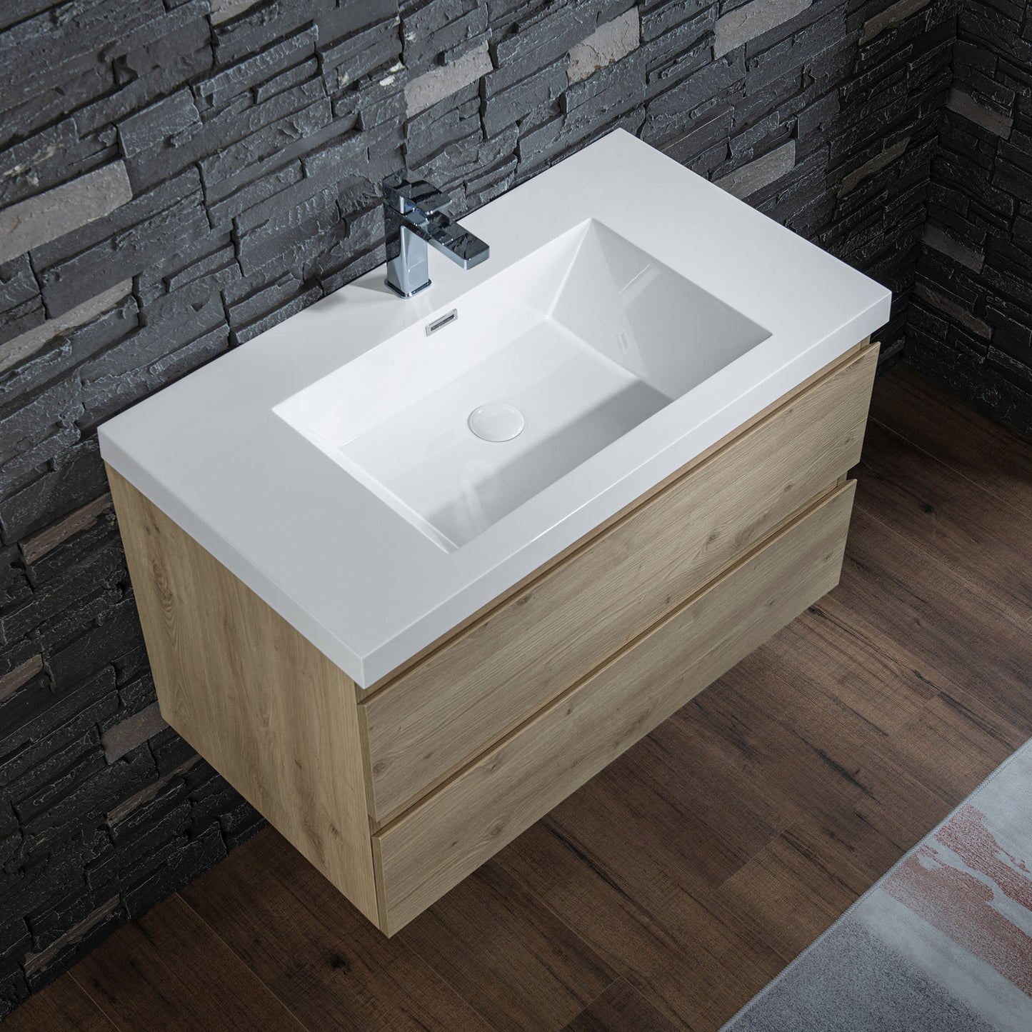 WOODBRIDGE 23-5/8 in. W x 19-5/8 in. D Wall Mounted Floating Vanity in Natural Oak with Resin Composite Vanity Top in Glossy White