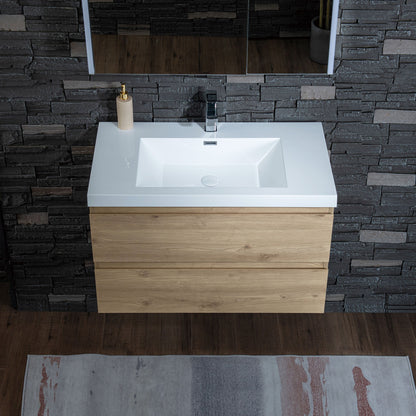 WOODBRIDGE 23-5/8 in. W x 19-5/8 in. D Wall Mounted Floating Vanity in Natural Oak with Resin Composite Vanity Top in Glossy White