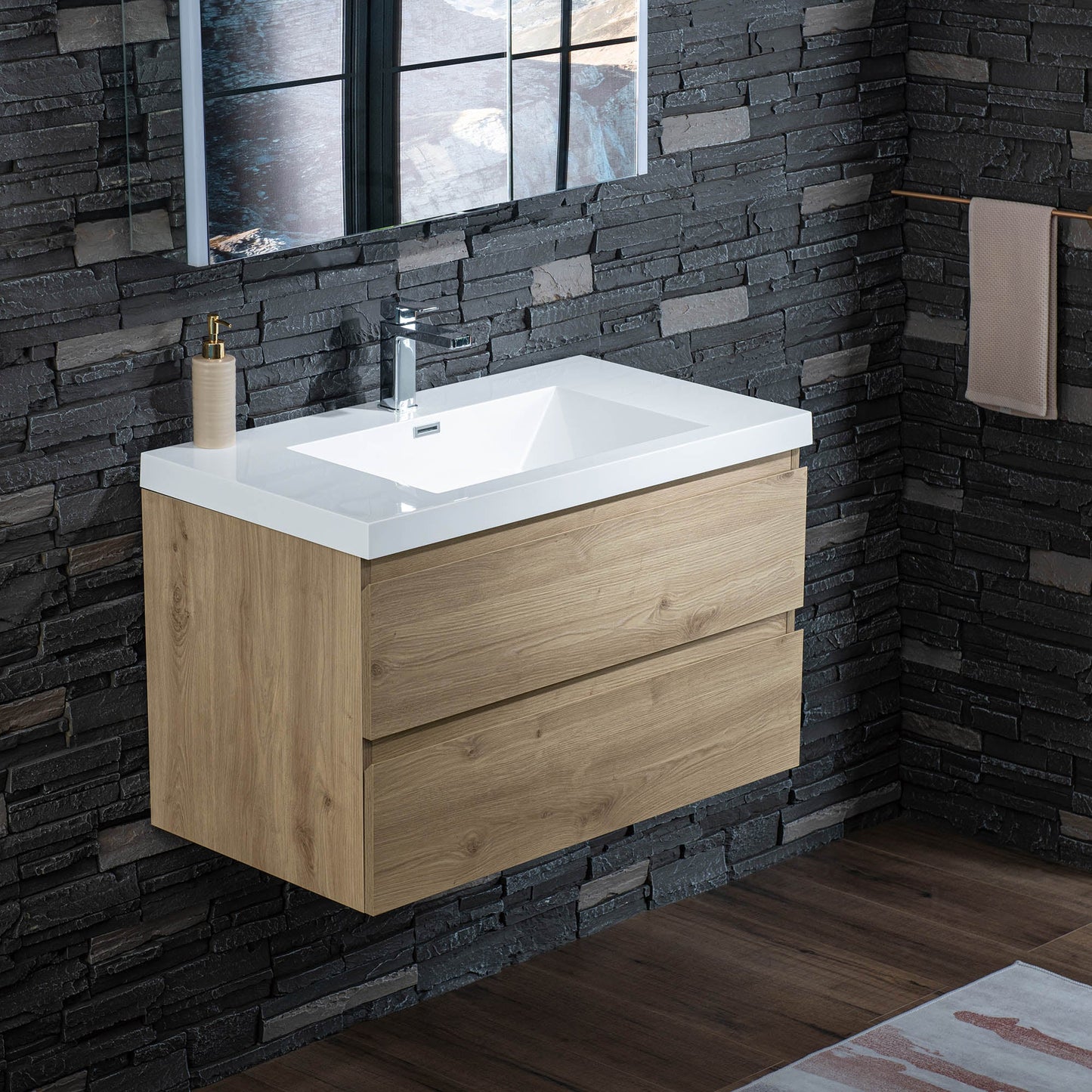 WOODBRIDGE 23-5/8 in. W x 19-5/8 in. D Wall Mounted Floating Vanity in Natural Oak with Resin Composite Vanity Top in Glossy White