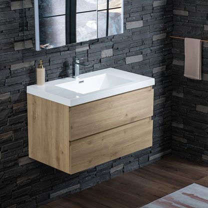 WOODBRIDGE 23-5/8 in. W x 19-5/8 in. D Wall Mounted Floating Vanity in Natural Oak with Resin Composite Vanity Top in Glossy White