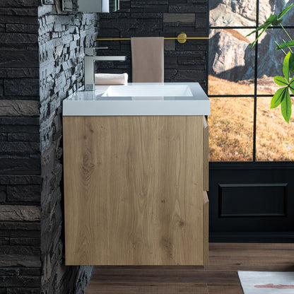 WOODBRIDGE 23-5/8 in. W x 19-5/8 in. D Wall Mounted Floating Vanity in Natural Oak with Resin Composite Vanity Top in Glossy White