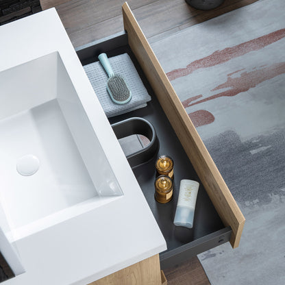 WOODBRIDGE 23-5/8 in. W x 19-5/8 in. D Wall Mounted Floating Vanity in Natural Oak with Resin Composite Vanity Top in Glossy White