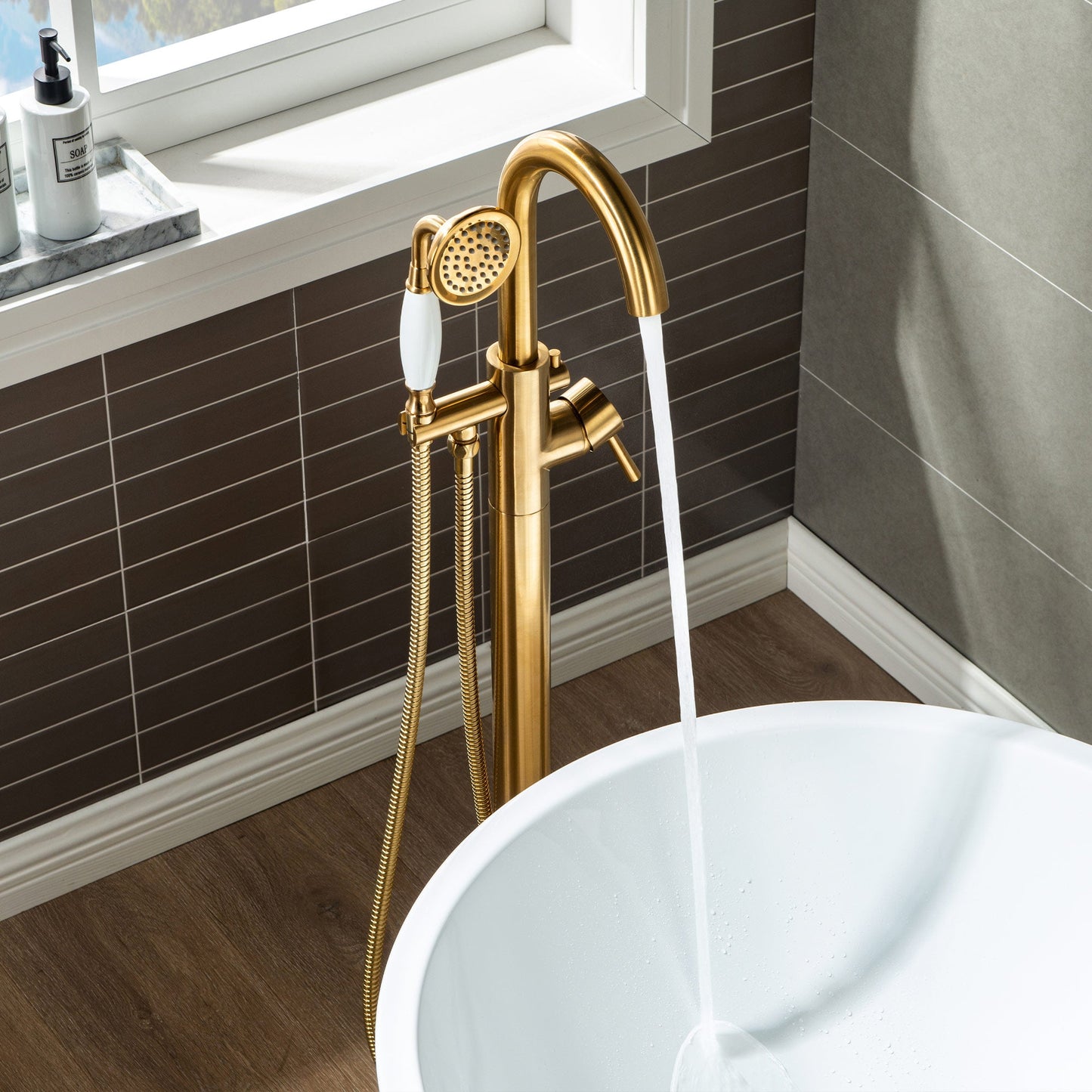 WOODBRIDGE WOODBRIDGEE F0001BNVT Contemporary Single Handle Floor Mount Freestanding Tub Filler Faucet with Hand shower