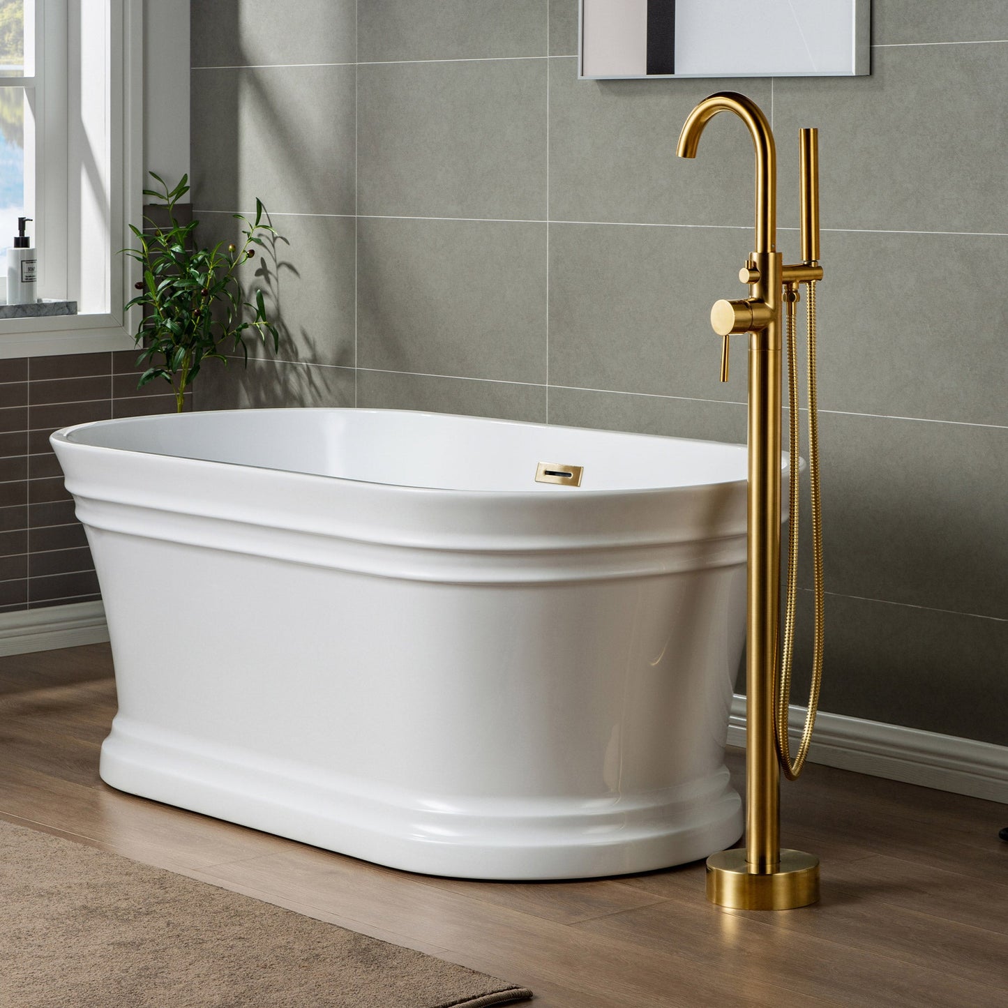 WOODBRIDGE F0001BNRD Contemporary Single Handle Floor Mount Freestanding Tub Filler Faucet with Hand shower