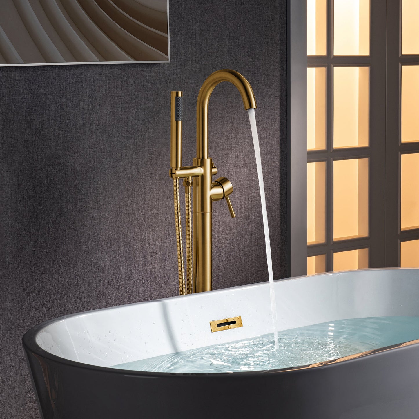 WOODBRIDGE F0023BNRD Contemporary Single Handle Floor Mount Freestanding Tub Filler Faucet with Cylinder Shape Hand shower